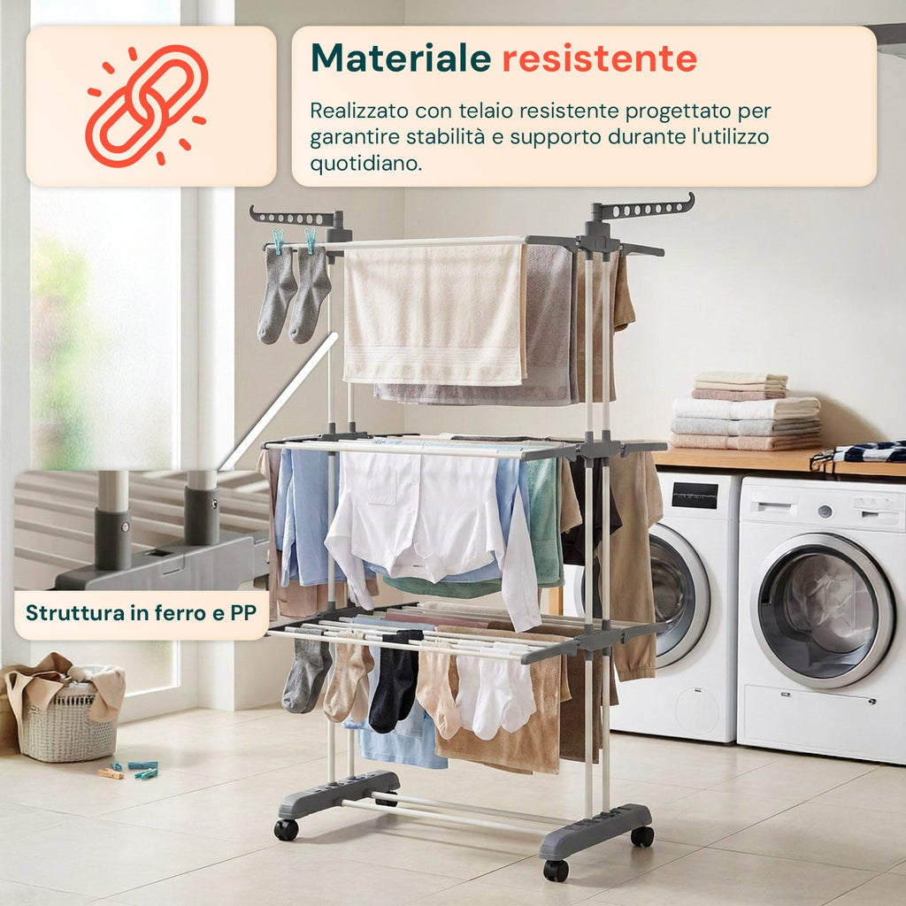 Stendibiancheria Verticale a 3 Livelli in Ferro e PP, Estensibile e con Ruote Piroettanti – L105xP64xA173cm, Portata 20kg