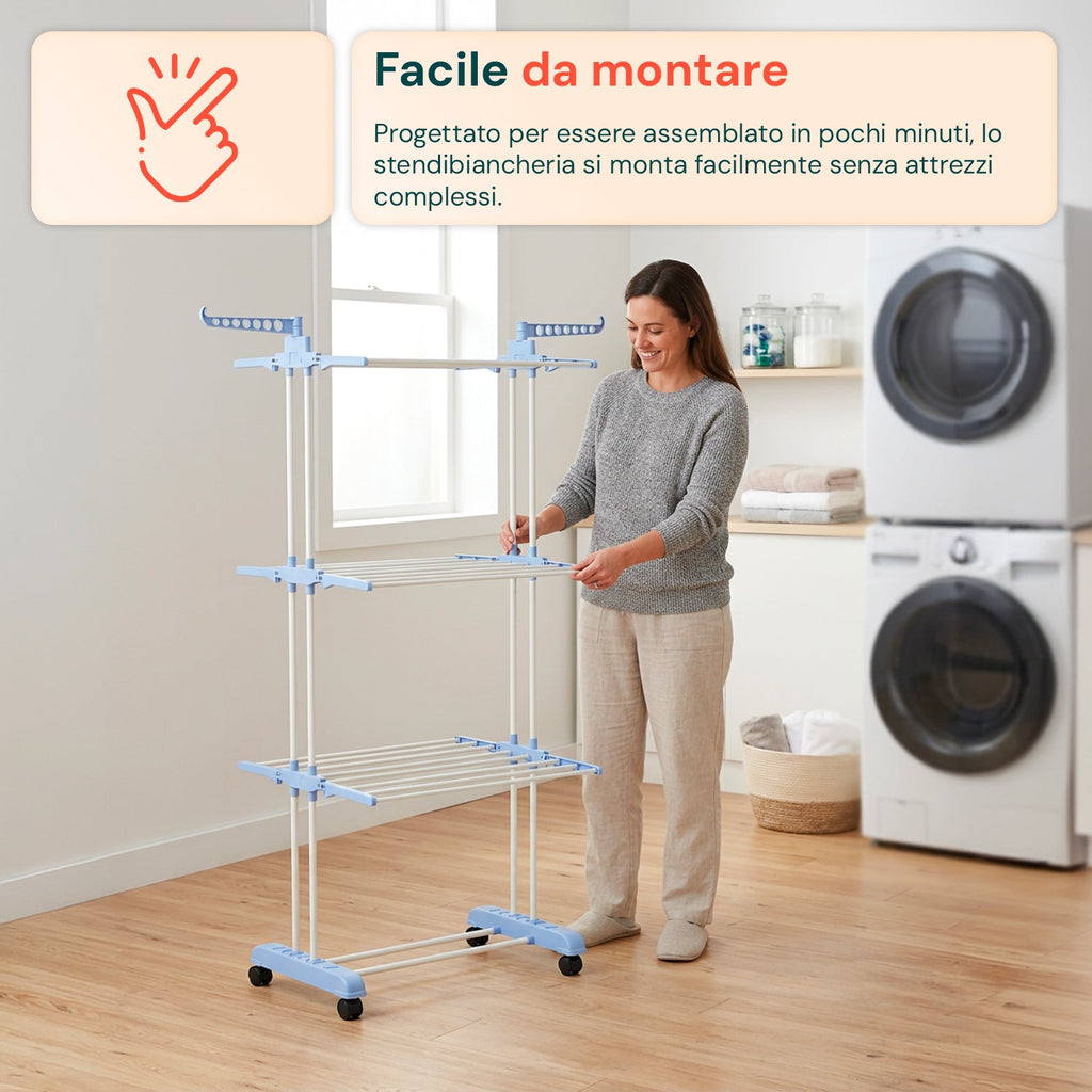 Stendibiancheria Verticale a 3 Livelli in Ferro e PP, Estensibile e con Ruote Piroettanti – L105xP64xA173cm, Portata 20kg