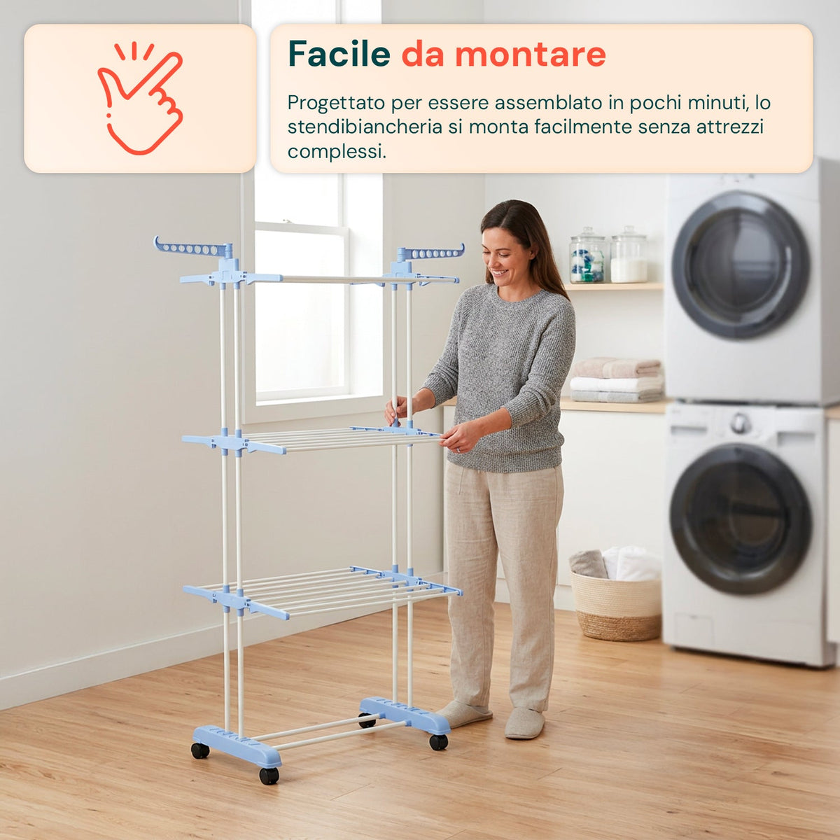 Stendibiancheria Verticale a 3 Livelli in Ferro e PP, Estensibile e con Ruote Pivottanti  –  L105xP64xA173cm, Portata 20kg