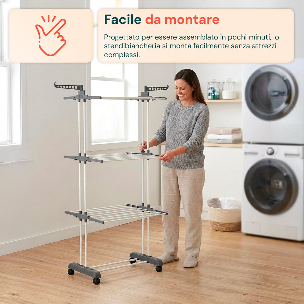 Stendibiancheria Verticale a 3 Livelli in Ferro e PP, Estensibile e con Ruote Piroettanti – L105xP64xA173cm, Portata 20kg