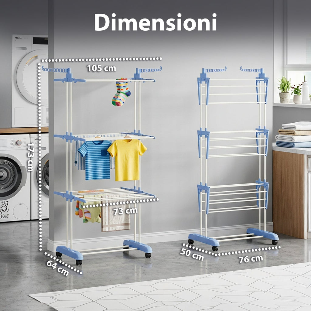 Stendibiancheria Verticale a 3 Livelli in Ferro e PP, Estensibile e con Ruote Piroettanti – L105xP64xA173cm, Portata 20kg