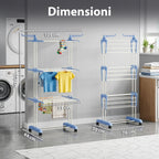 Stendibiancheria Verticale a 3 Livelli in Ferro e PP, Estensibile e con Ruote Piroettanti – L105xP64xA173cm, Portata 20kg