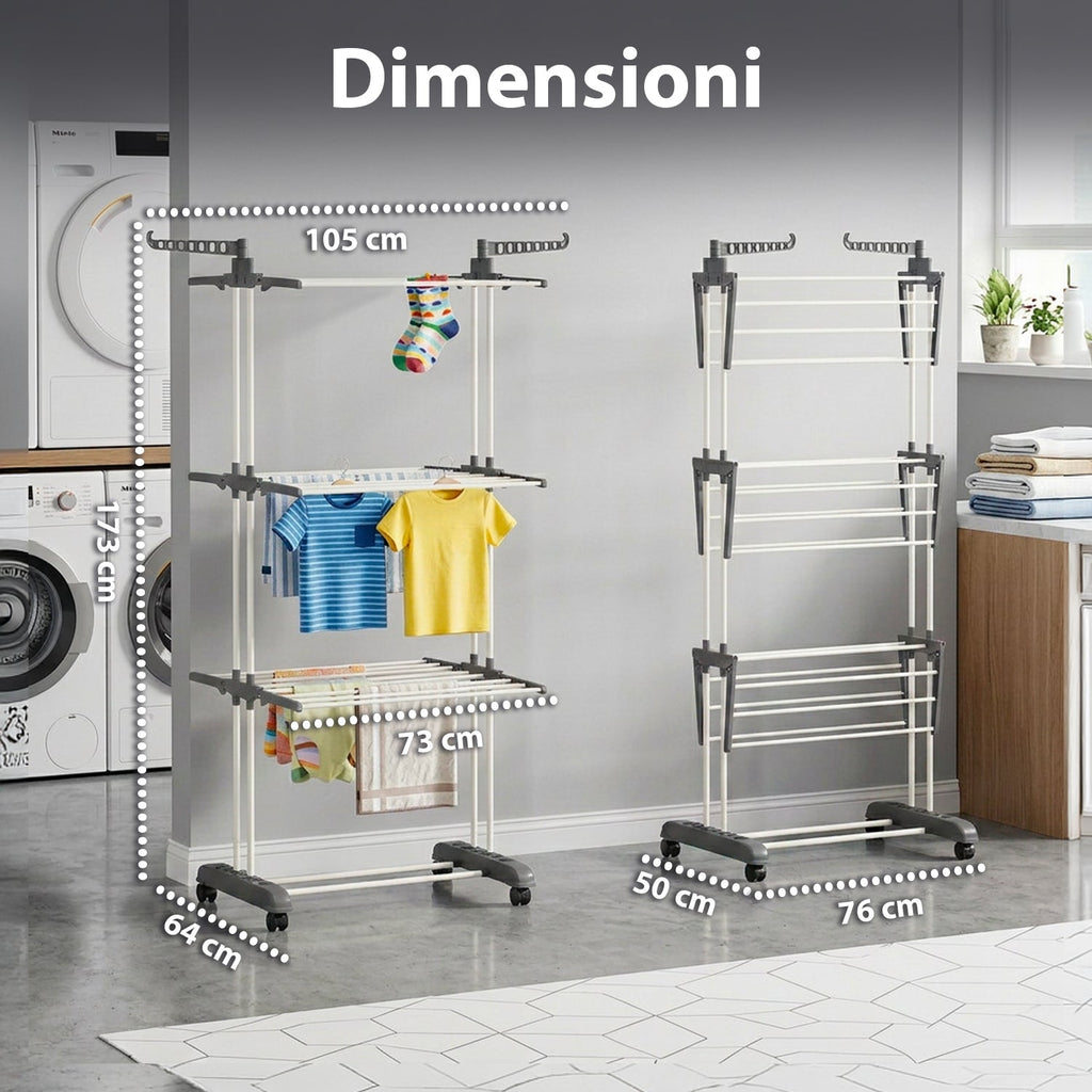 Stendibiancheria Verticale a 3 Livelli in Ferro e PP, Estensibile e con Ruote Piroettanti – L105xP64xA173cm, Portata 20kg