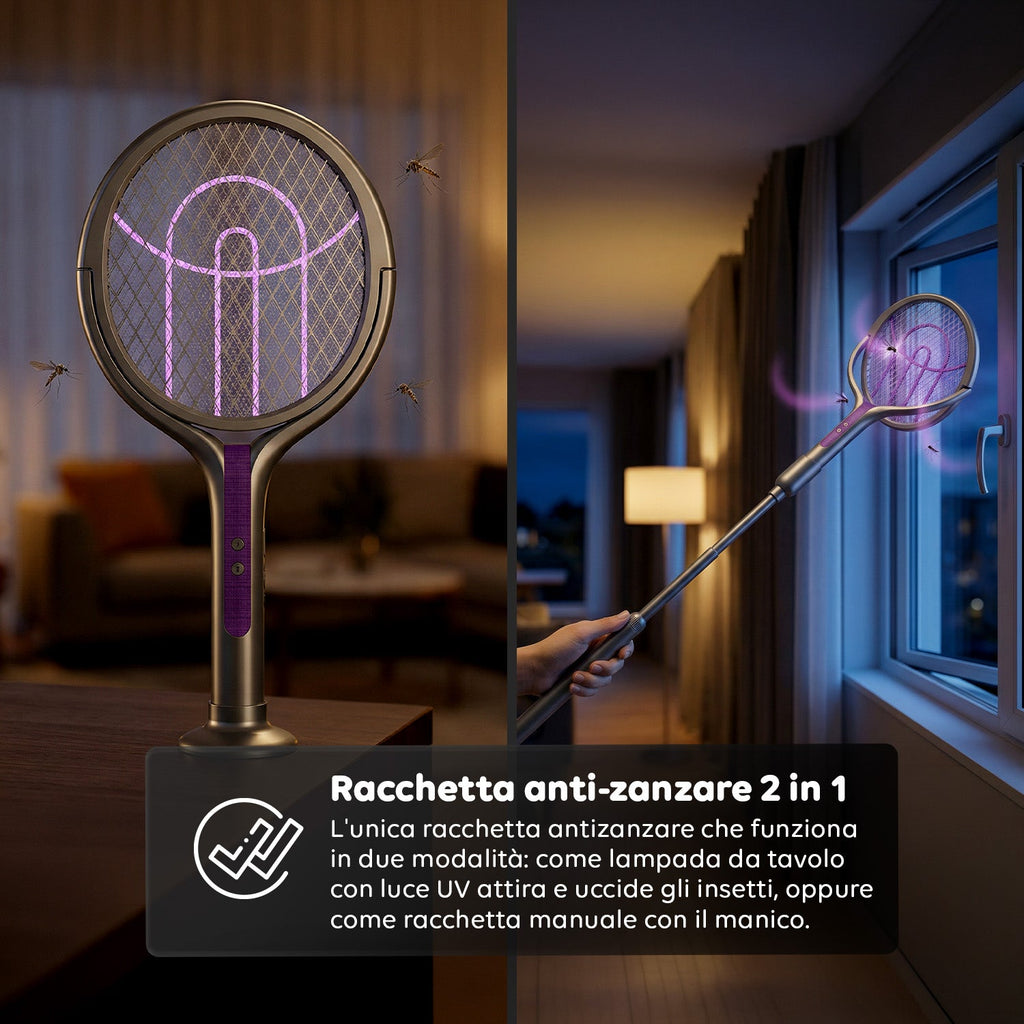 Racchetta Elettrica Zanzare 2-in-1 – Manico Telescopico Estensibile 79-106cm e Testa Rotante 90° – Griglia 4000V a 5 Strati, Luce UV 365nm e Batteria 1800mAh USB-C – Sterminatore Insetti Soffitto