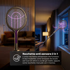 Racchetta Elettrica Zanzare 2-in-1 – Manico Telescopico Estensibile 79-106cm e Testa Rotante 90° – Griglia 4000V a 5 Strati, Luce UV 365nm e Batteria 1800mAh USB-C – Sterminatore Insetti Soffitto