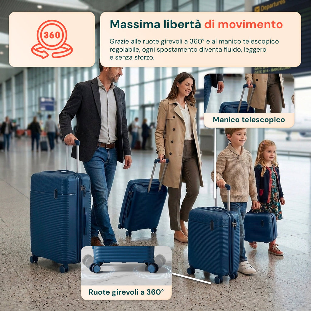 Set 3 Trolley Rigidi da Viaggio + Beauty Case con 4 Ruote Multidirezionali (56-66-76 cm)