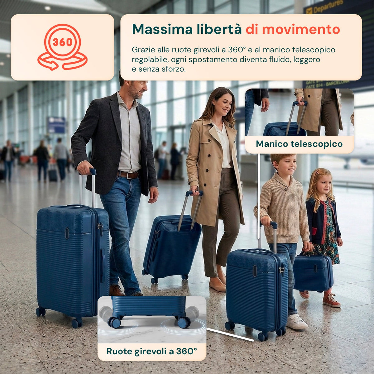 Set 3 Trolley Rigidi da Viaggio + Beauty Case con 4 Ruote Multidirezionali (56-66-76 cm)