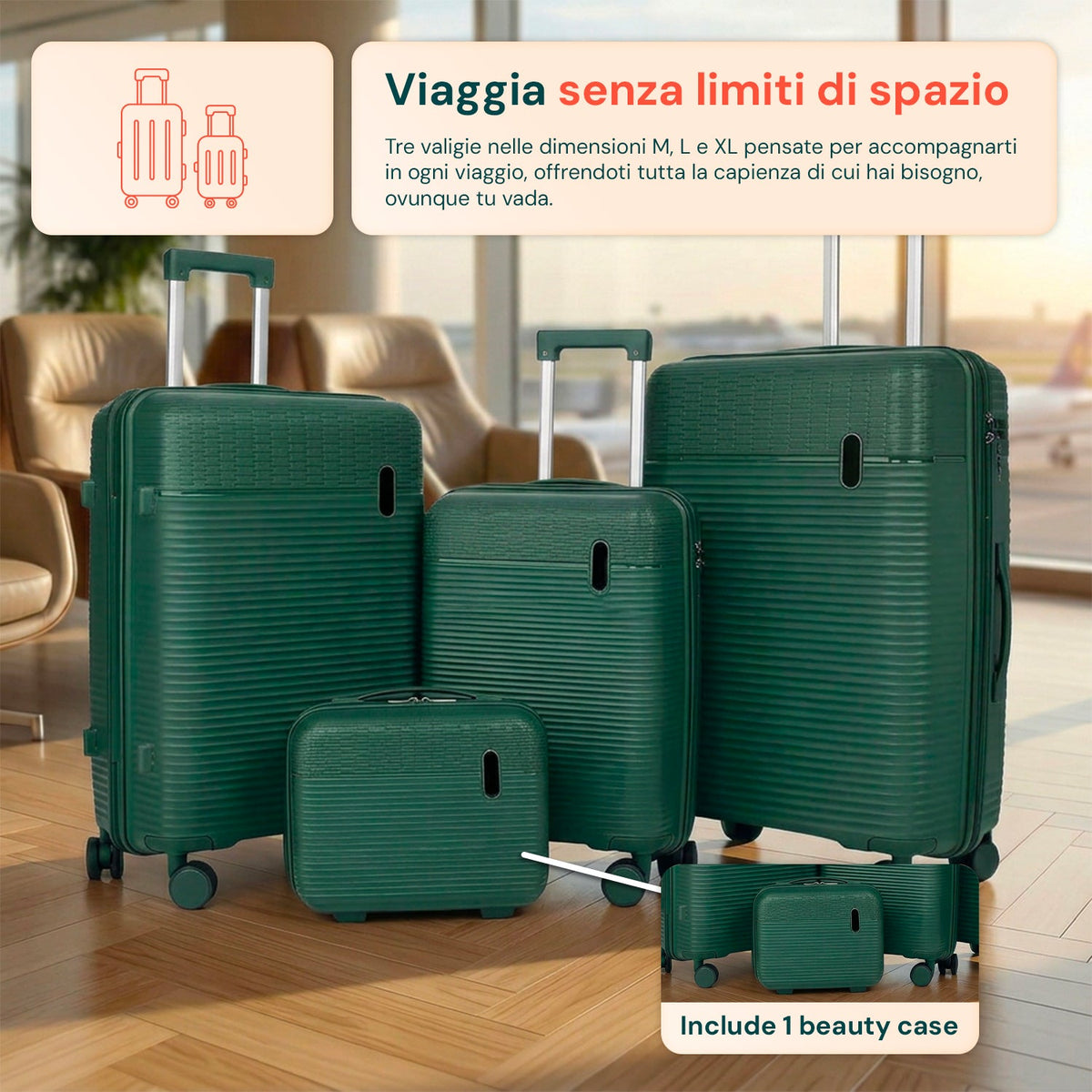 Set 3 Trolley Rigidi da Viaggio + Beauty Case con 4 Ruote Multidirezionali (56-66-76 cm)