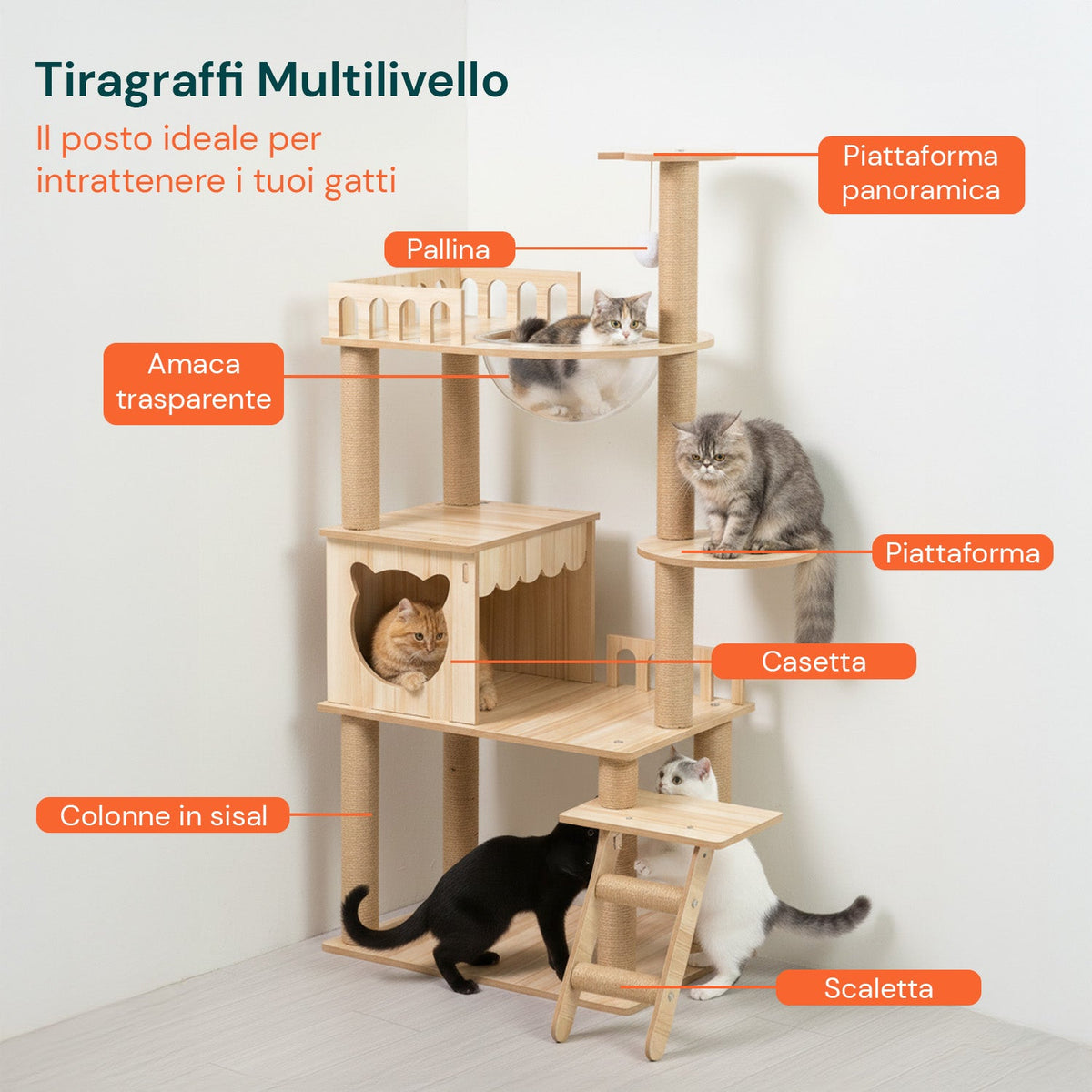 Tiragraffi per Gatti Multilivello con Cuccia e Amaca H135cm