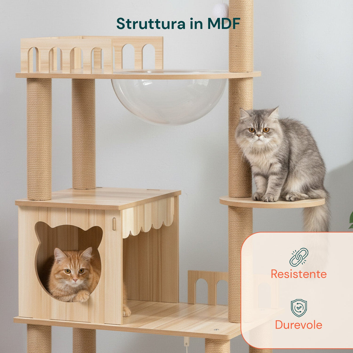 Tiragraffi per Gatti Multilivello con Cuccia e Amaca H135cm