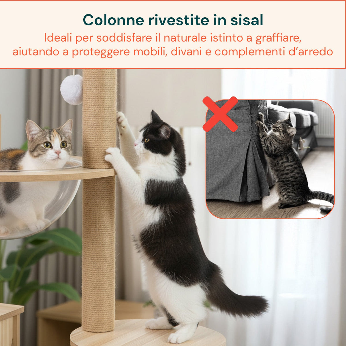 Tiragraffi per Gatti Multilivello con Cuccia e Amaca H135cm