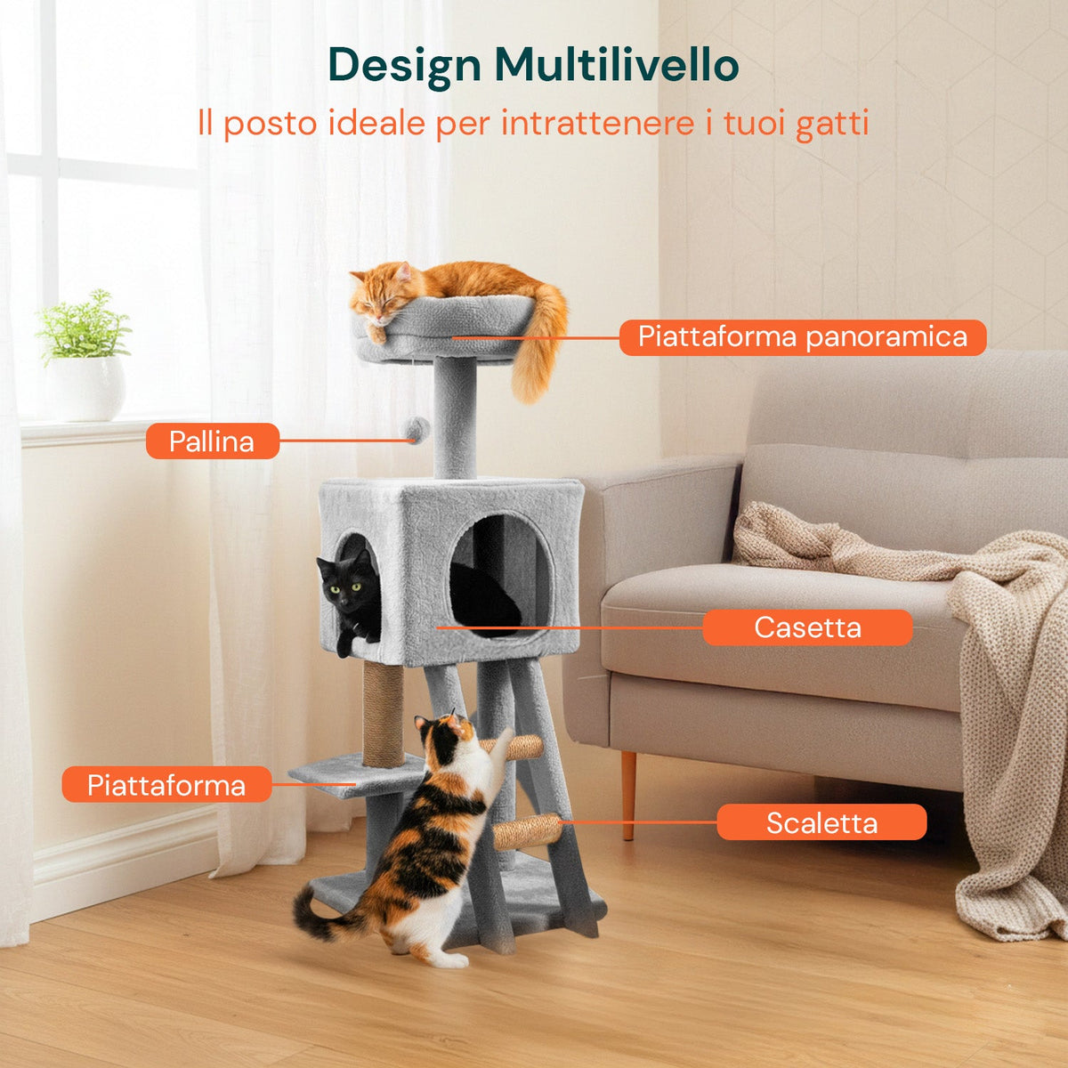 Tiragraffi per gatti da 92 cm con cuccia, scaletta e giochi