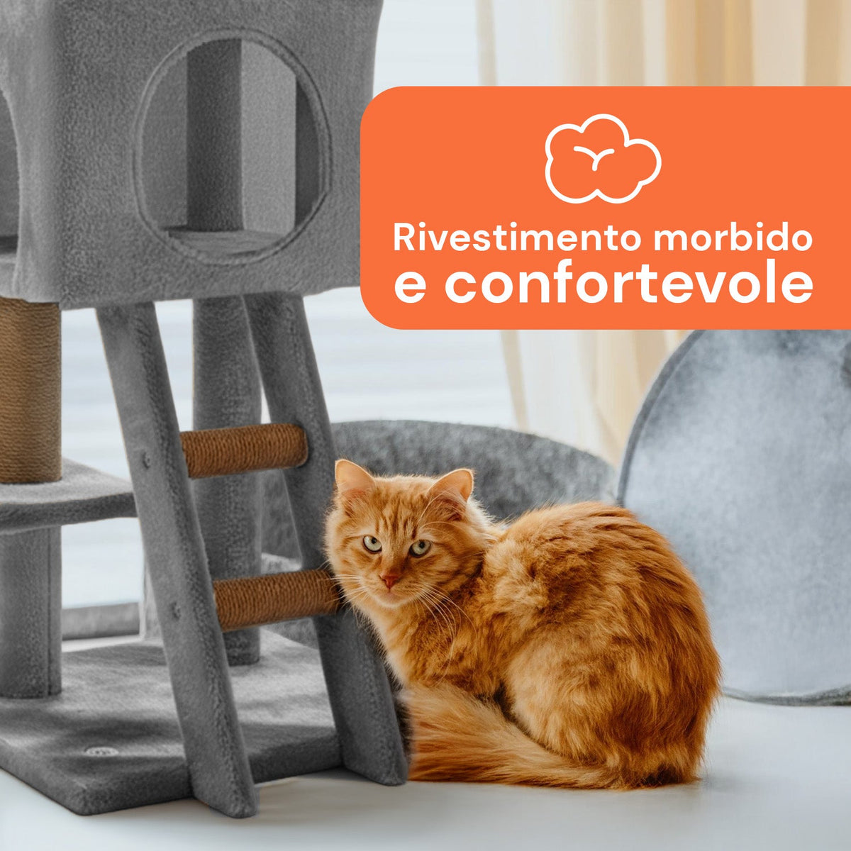 Tiragraffi per gatti da 92 cm con cuccia, scaletta e giochi