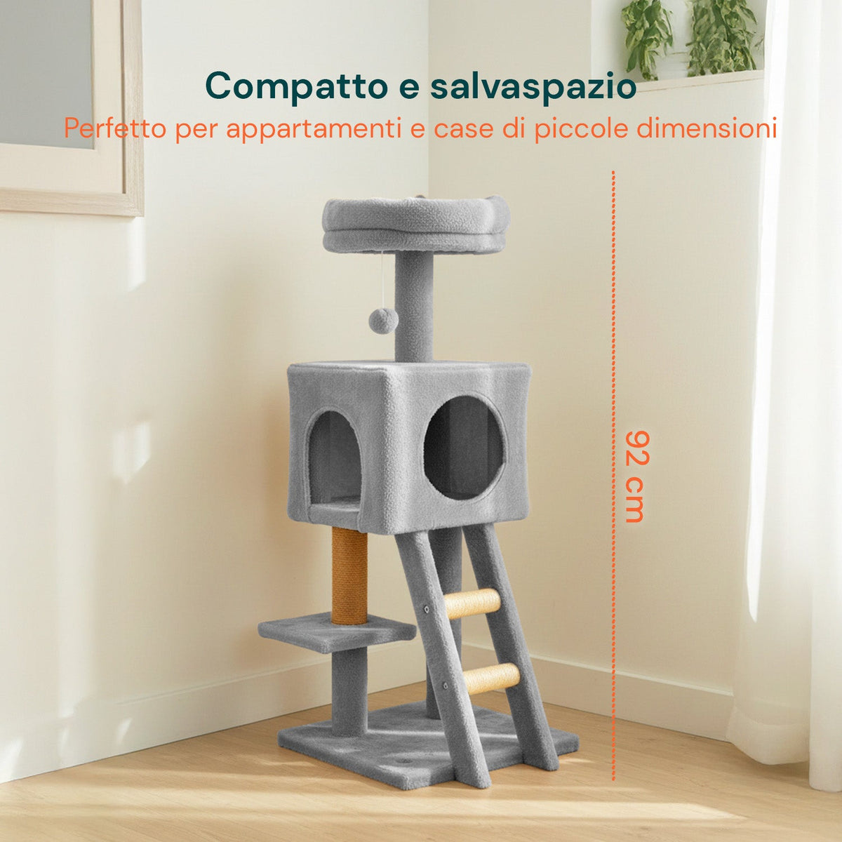 Tiragraffi per gatti da 92 cm con cuccia, scaletta e giochi