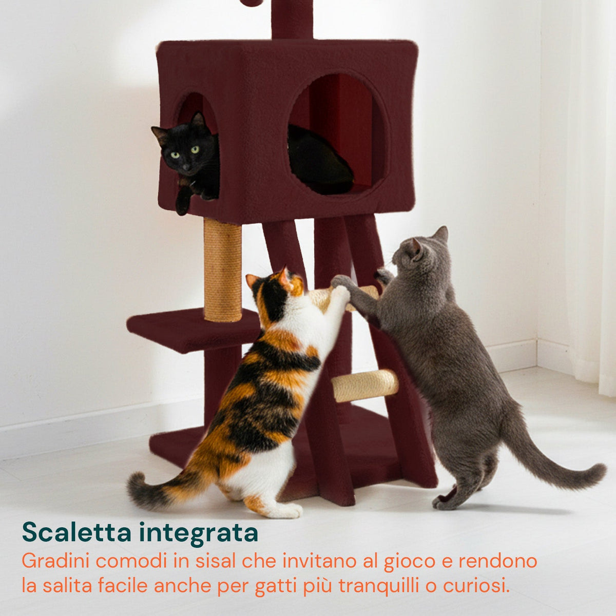 Tiragraffi per gatti da 92 cm con cuccia, scaletta e giochi