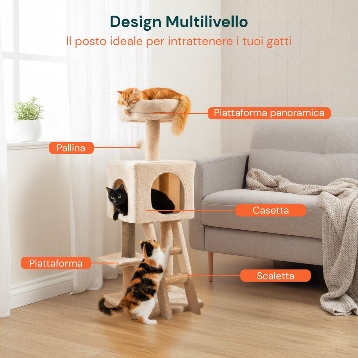 Tiragraffi per gatti da 92 cm con cuccia, scaletta e giochi