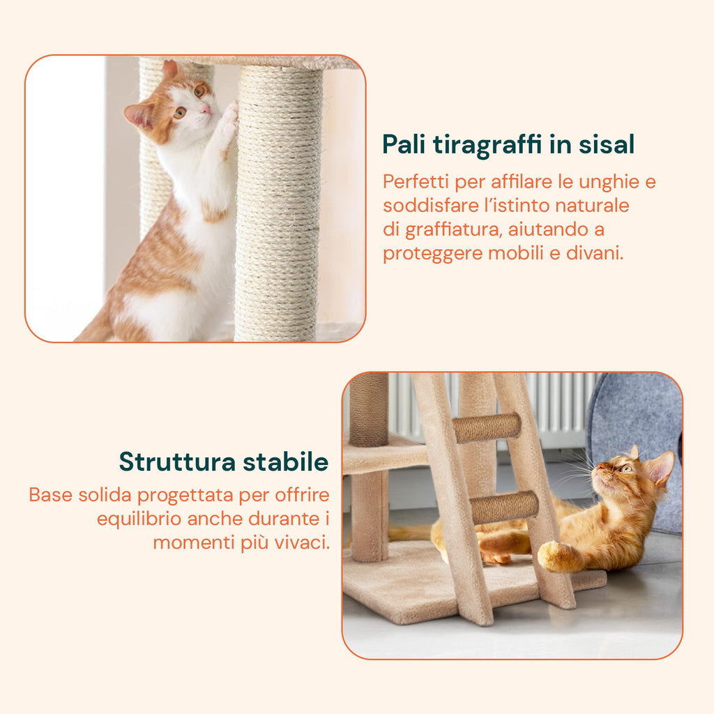 Tiragraffi per gatti da 92 cm con cuccia, scaletta e giochi