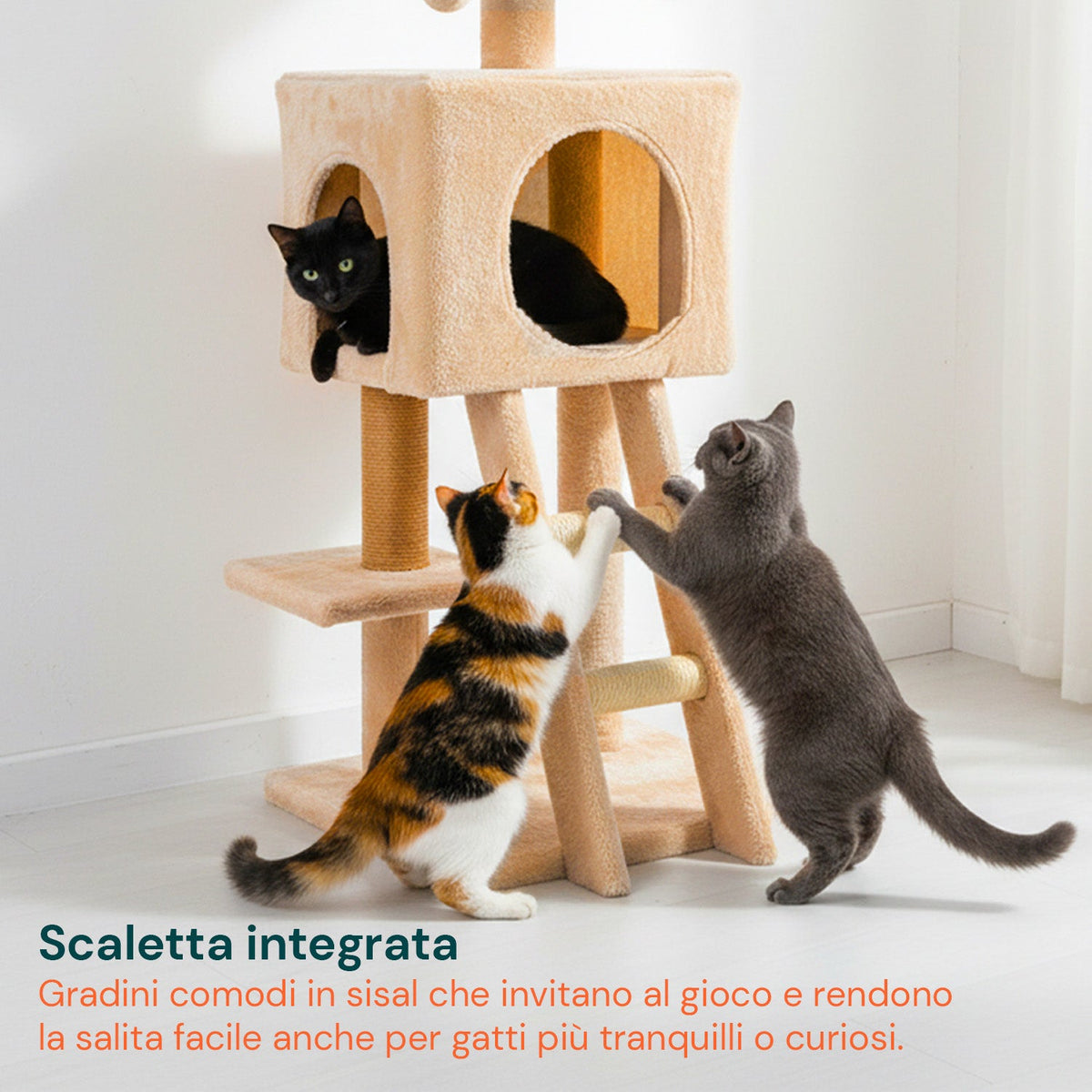 Tiragraffi per gatti da 92 cm con cuccia, scaletta e giochi