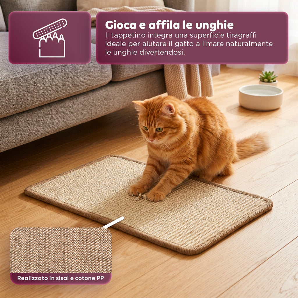 Tappetino Tiragraffi per Gatti 50x30cm in Sisal Naturale e Cotone PP – Fondo Antiscivolo in Lattice con Adesivi