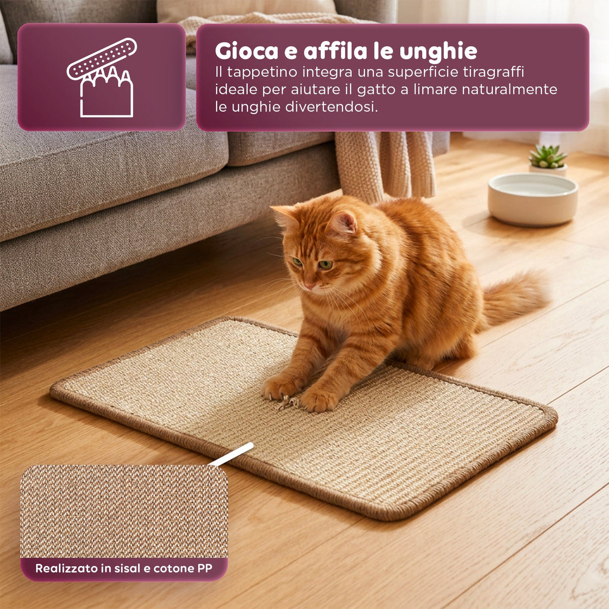 Tappetino Tiragraffi per Gatti 50x30cm in Sisal Naturale e Cotone PP – Fondo Antiscivolo in Lattice con Adesivi