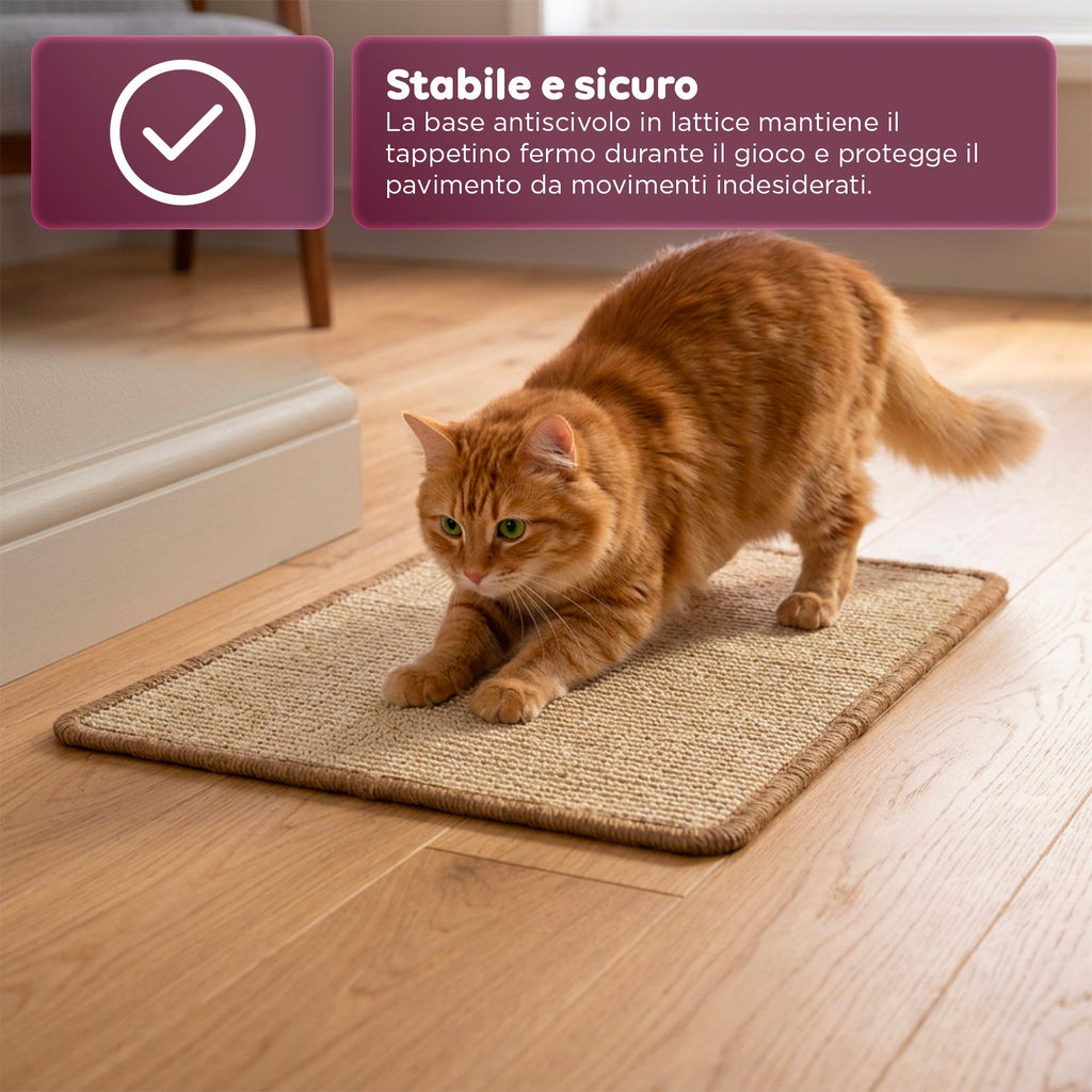 Tappetino Tiragraffi per Gatti 50x30cm in Sisal Naturale e Cotone PP – Fondo Antiscivolo in Lattice con Adesivi