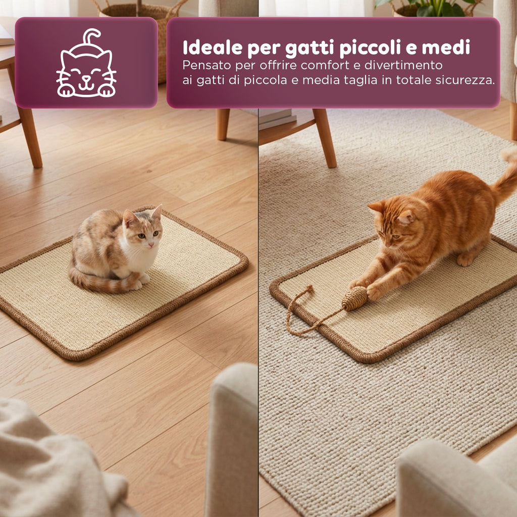 Tappetino Tiragraffi per Gatti 50x30cm in Sisal Naturale e Cotone PP – Fondo Antiscivolo in Lattice con Adesivi