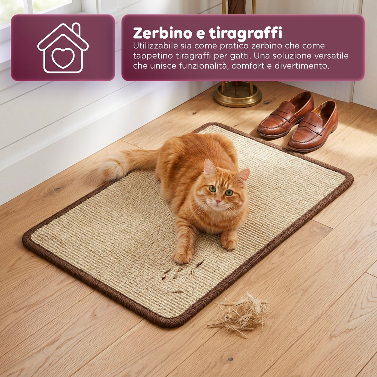Tappetino Tiragraffi per Gatti 50x30cm in Sisal Naturale e Cotone PP – Fondo Antiscivolo in Lattice con Adesivi