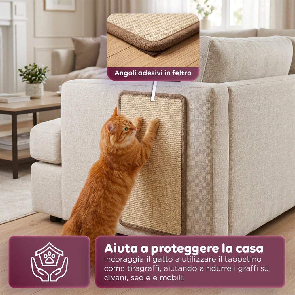 Tappetino Tiragraffi per Gatti 50x30cm in Sisal Naturale e Cotone PP – Fondo Antiscivolo in Lattice con Adesivi