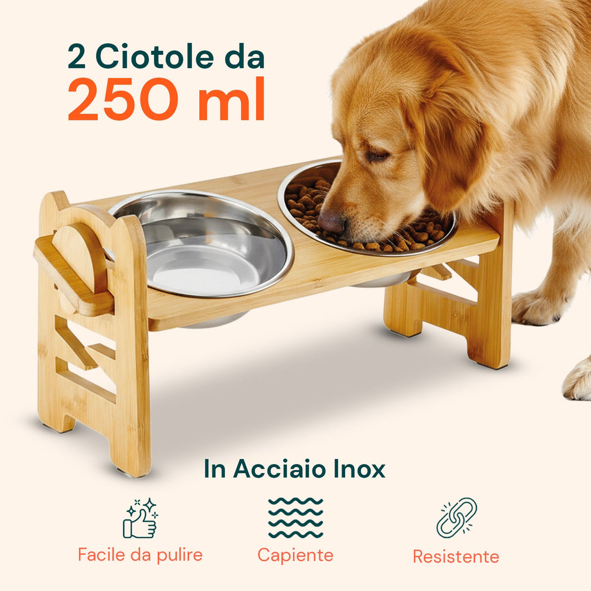 Doppia ciotola rialzata regolabile da 250 ml per cani e gatti con 3 altezze