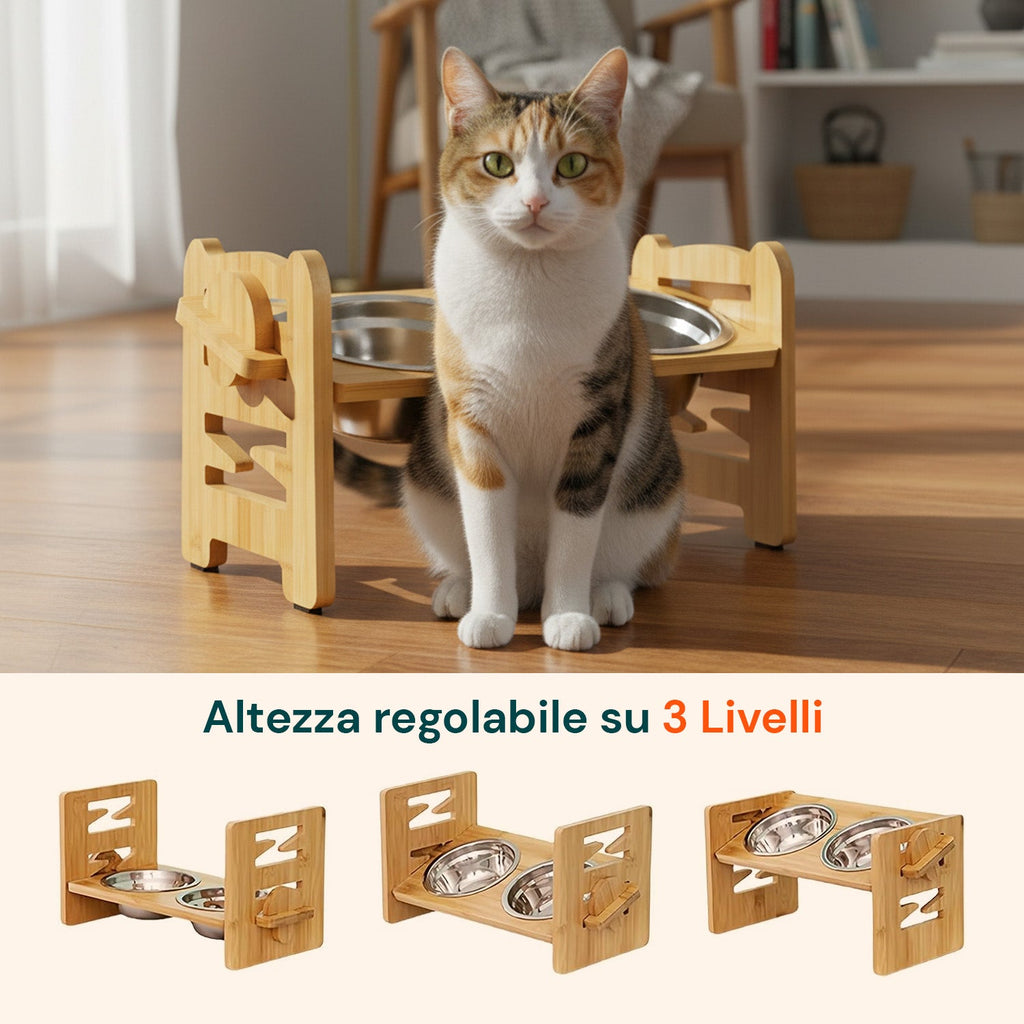 Doppia ciotola rialzata regolabile da 250 ml per cani e gatti con 3 altezze