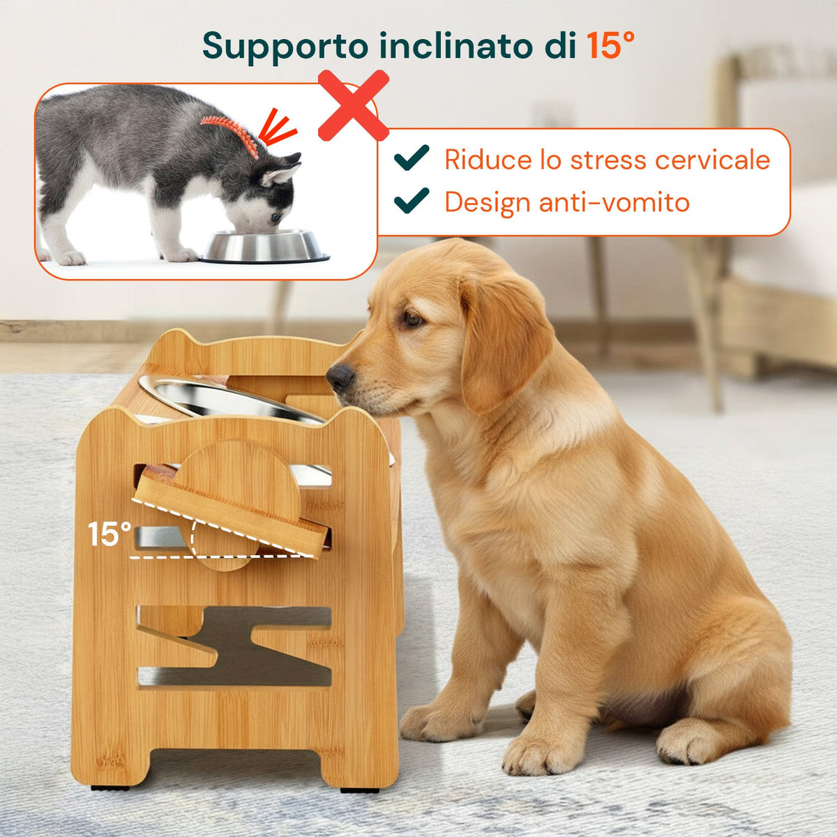 Doppia ciotola rialzata regolabile da 250 ml per cani e gatti con 3 altezze