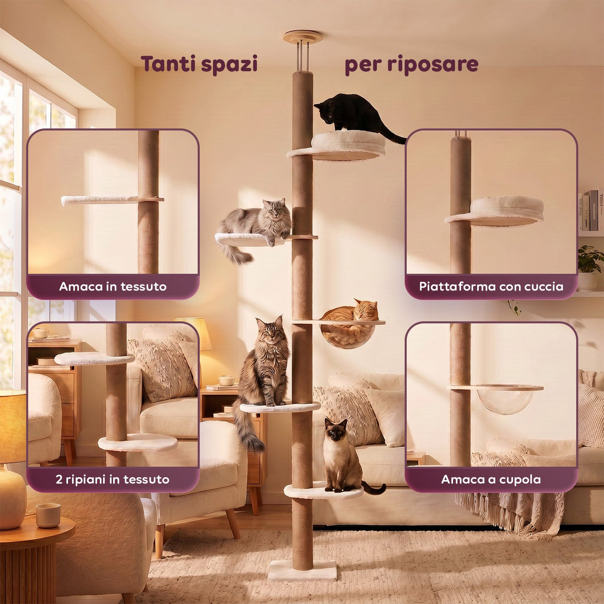 Tiragraffi a soffitto regolabile 260-300 cm in legno e iuta con amaca a cupola, cuccia e piattaforme
