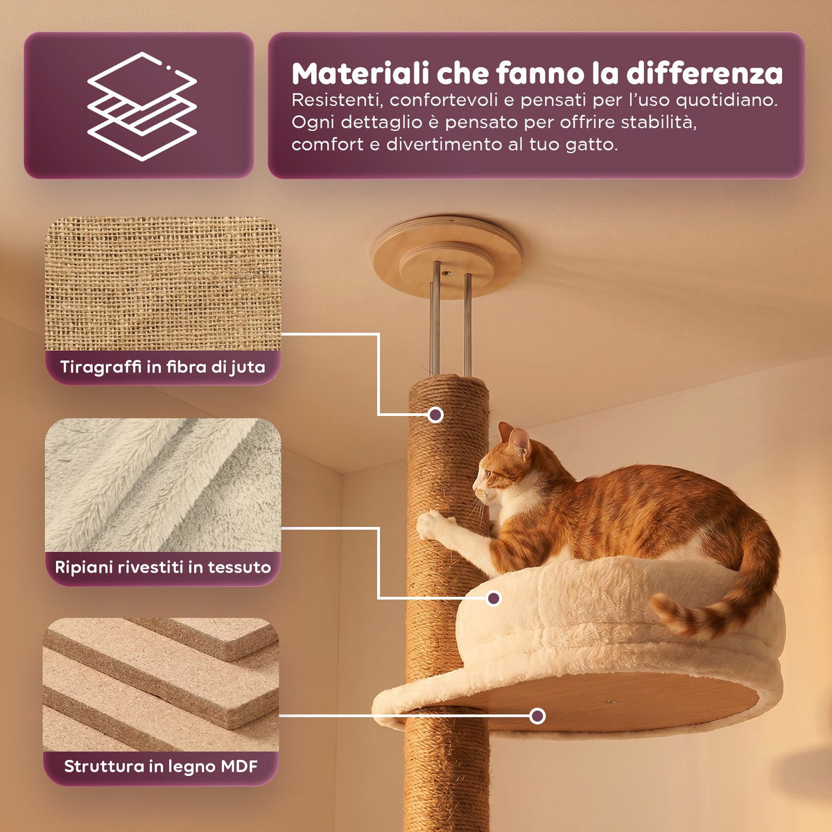 Tiragraffi a soffitto regolabile 260-300 cm in legno e iuta con amaca a cupola, cuccia e piattaforme