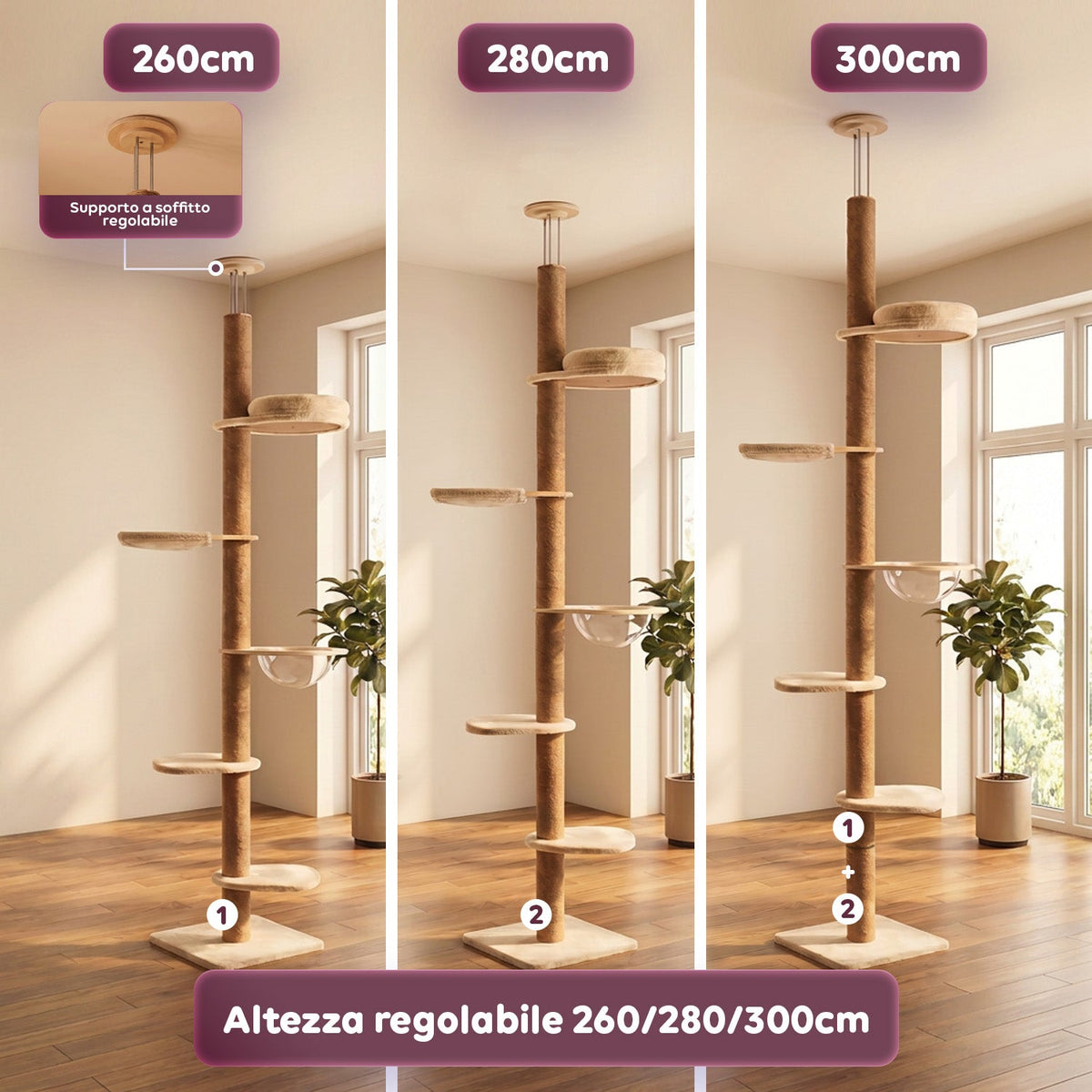 Tiragraffi a soffitto regolabile 260-300 cm in legno e iuta con amaca a cupola, cuccia e piattaforme