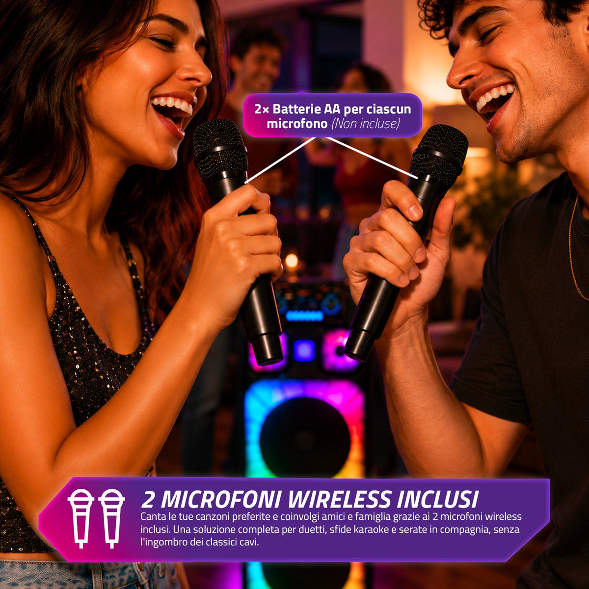 Cassa Bluetooth Karaoke XL 90 cm 800W con LED RGB e 2 microfoni wireless inclusi