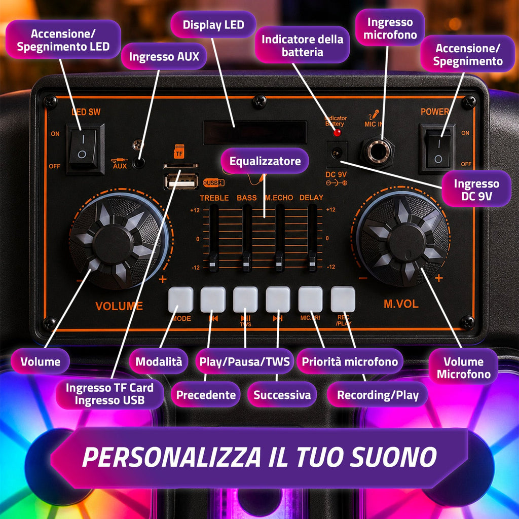 Cassa Bluetooth Karaoke XL 90 cm 800W con LED RGB e 2 microfoni wireless inclusi