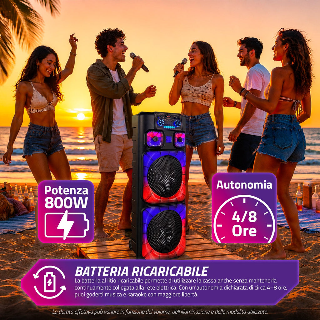 Cassa Bluetooth Karaoke XL 90 cm 800W con LED RGB e 2 microfoni wireless inclusi