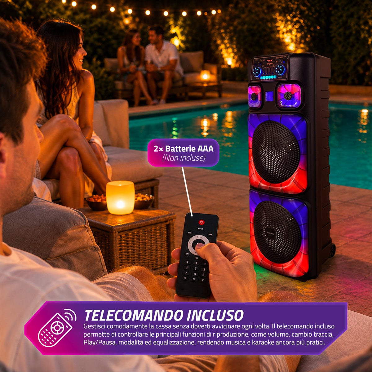 Cassa Bluetooth Karaoke XL 90 cm 800W con LED RGB e 2 microfoni wireless inclusi