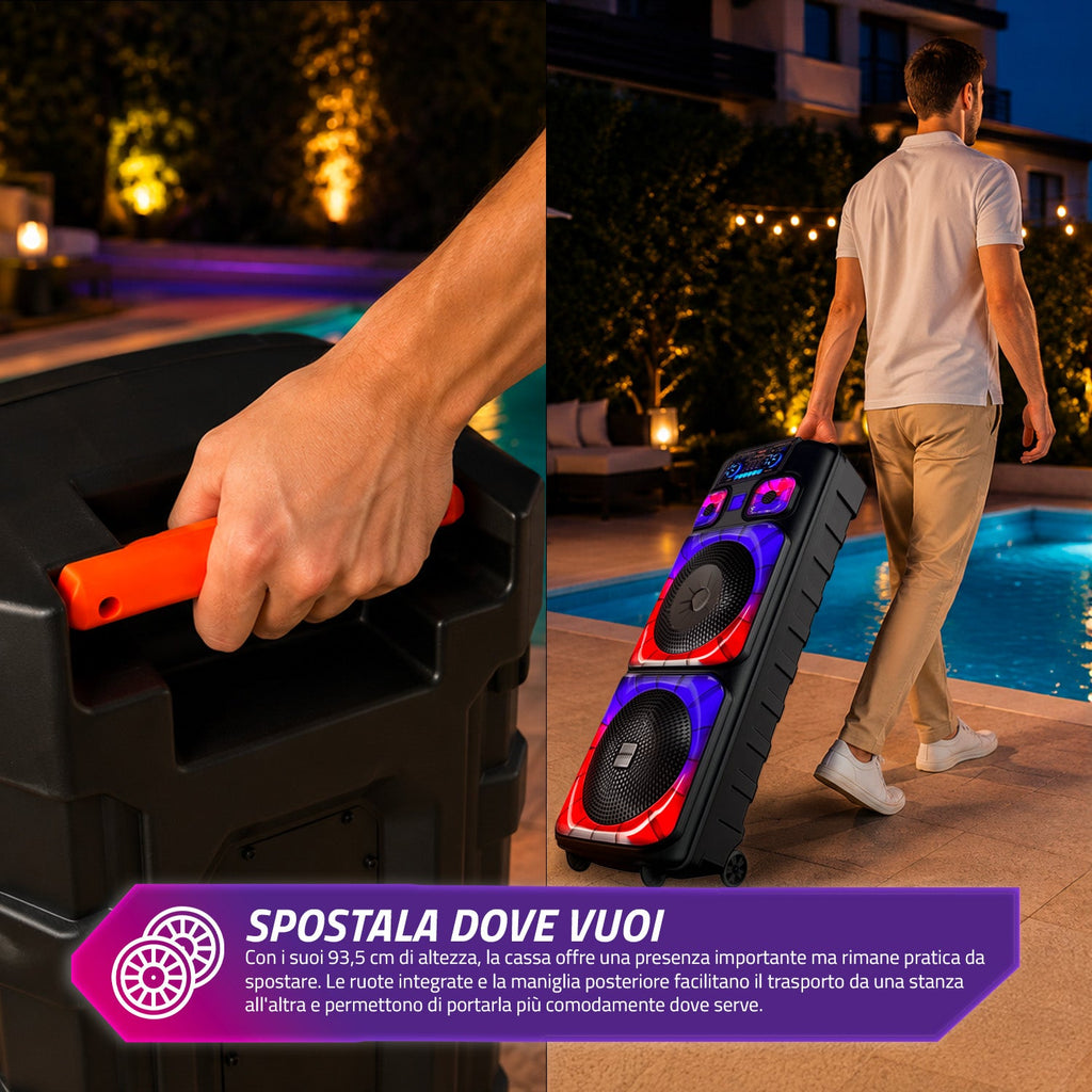 Cassa Bluetooth Karaoke XL 90 cm 800W con LED RGB e 2 microfoni wireless inclusi