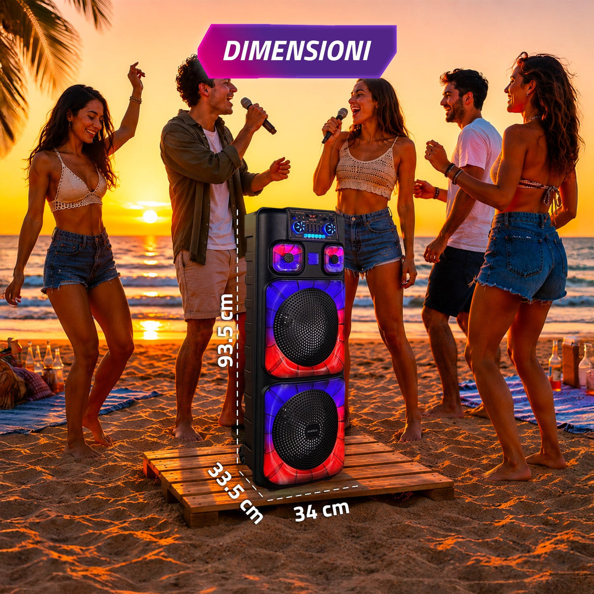 Cassa Bluetooth Karaoke XL 90 cm 800W con LED RGB e 2 microfoni wireless inclusi