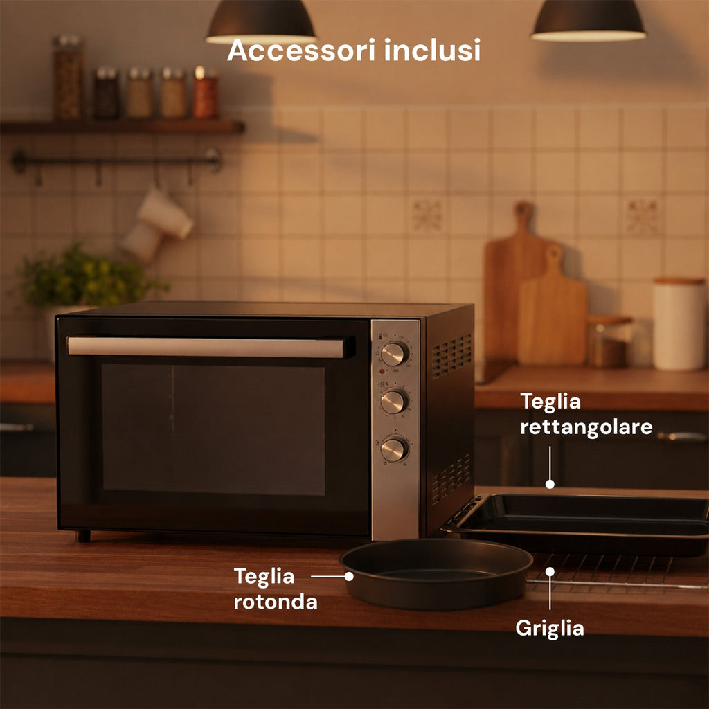Forno Elettrico Ventilato 70L Multifunzione 2500W – Doppia Resistenza e Timer 90 Min