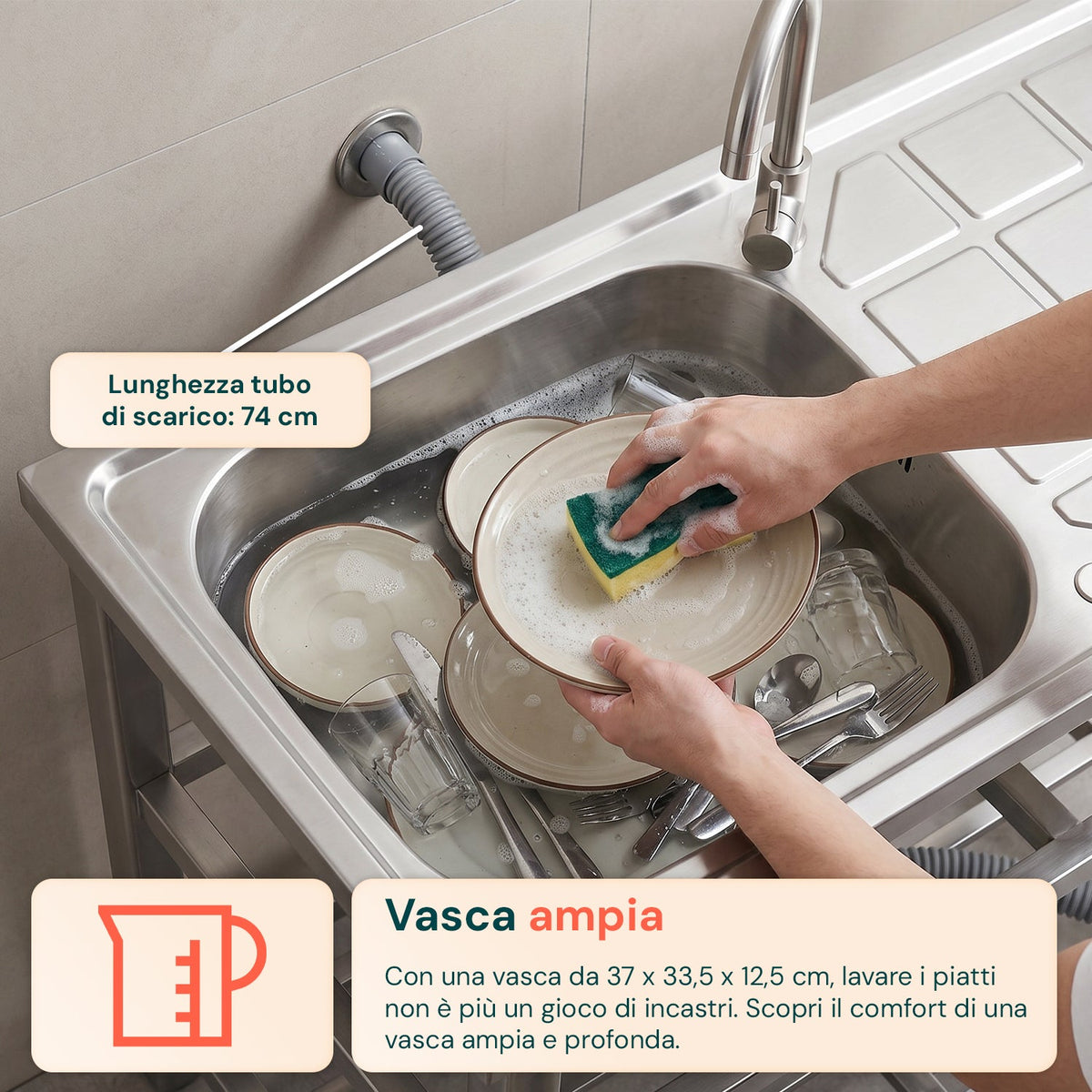 Lavello multifunzione in acciaio inox con fontana - Lavandino con vasca, gocciolatoio e doppia mensola - Reversibile Dx/Sx - 75x40x80 cm