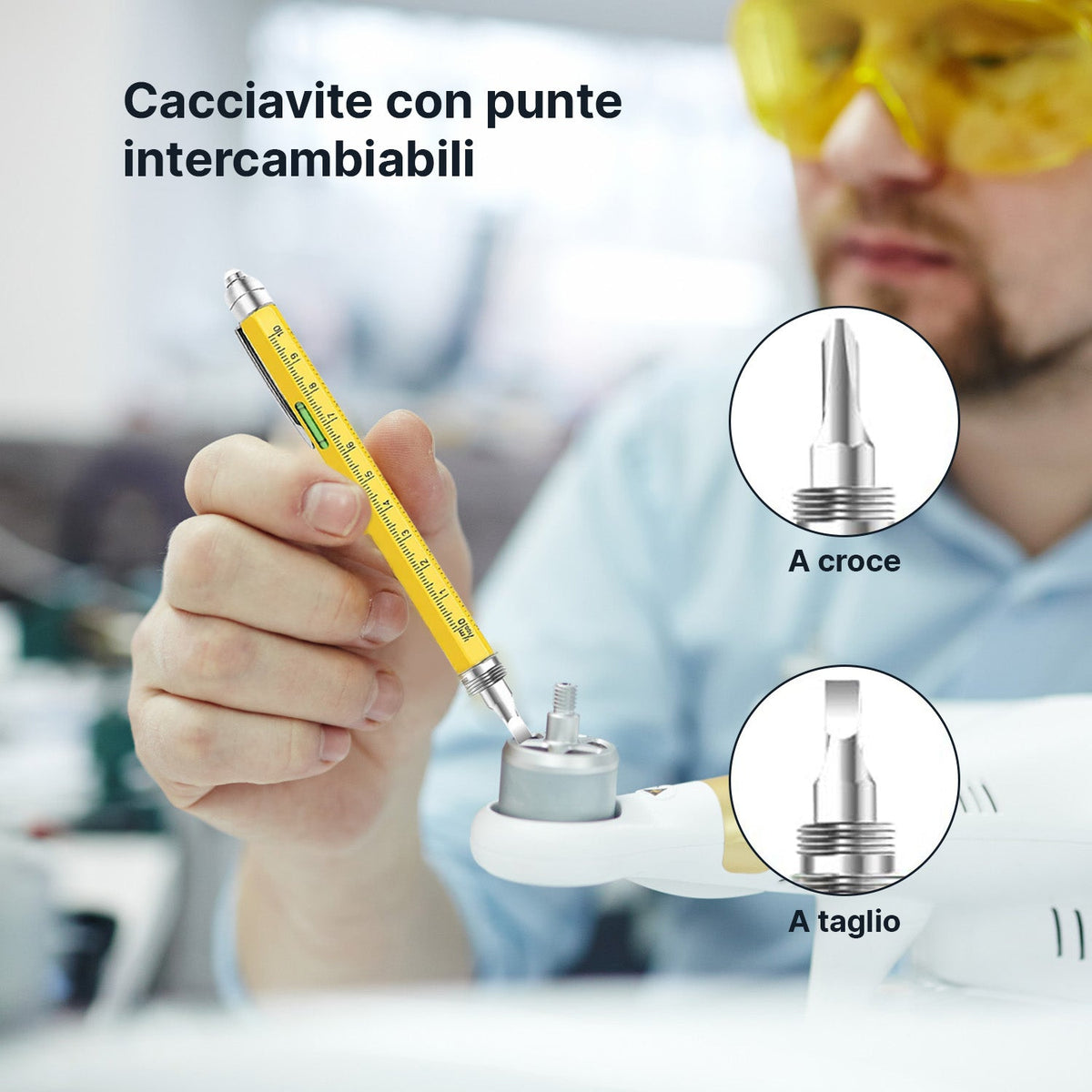 Penna Multifunzione 8 in 1 con Clip, Stilo Touch, Livella e Luce LED