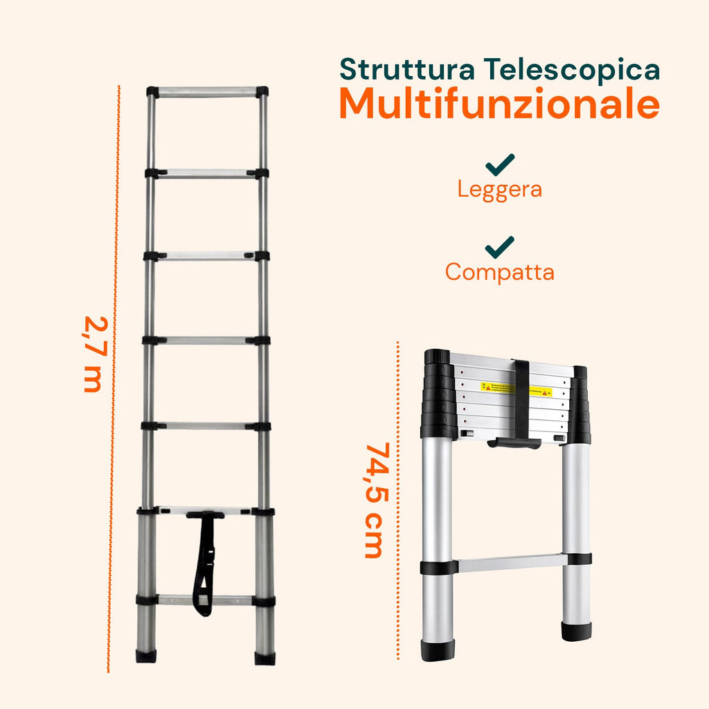 Scala Telescopica Professionale da 7 a 13 Gradini in Acciaio – Uso Domestico e Lavorativo