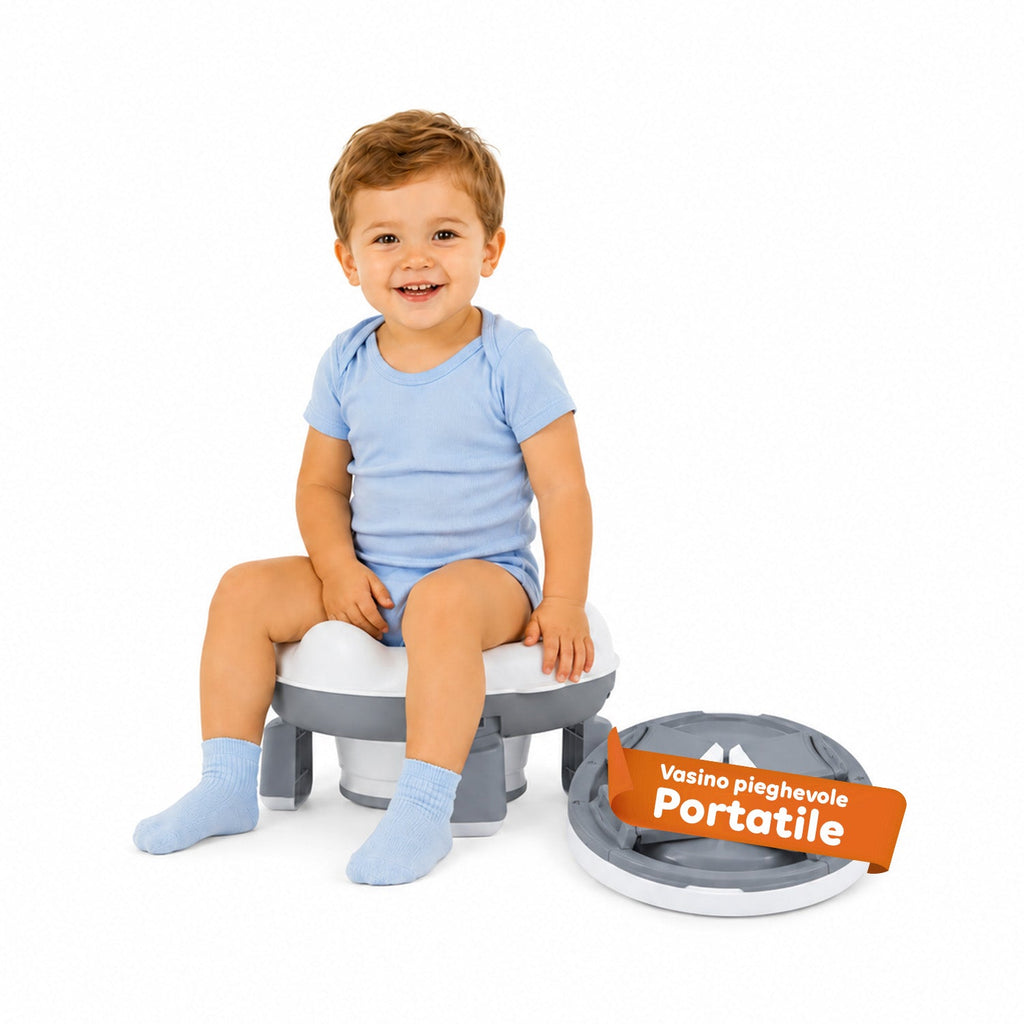 Vasino portatile per bambini grigio, richiudibile e pieghevole, con 20 sacchetti igienici - in PP e TPR per bimbi di 1-3 anni