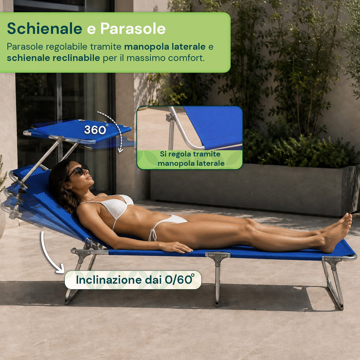 Lettino Prendisole Pieghevole in Tessuto Oxford – Rinforzi in Alluminio, Parasole Girevole 360° e Schienale Reclinabile 0-60° – Portata 100kg