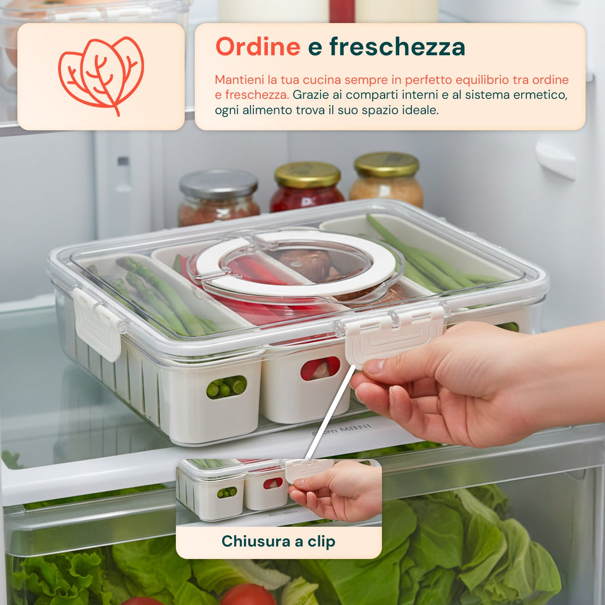 Contenitore con 4 scomparti in PP – Chiusura a clip e funzione scolapiatti