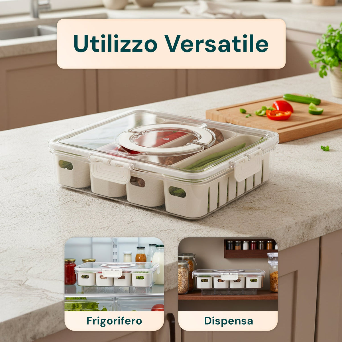 Contenitore con 4 scomparti in PP – Chiusura a clip e funzione scolapiatti
