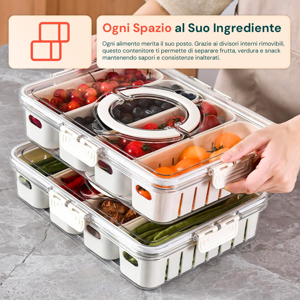 Contenitore con 4 scomparti in PP – Chiusura a clip e funzione scolapiatti