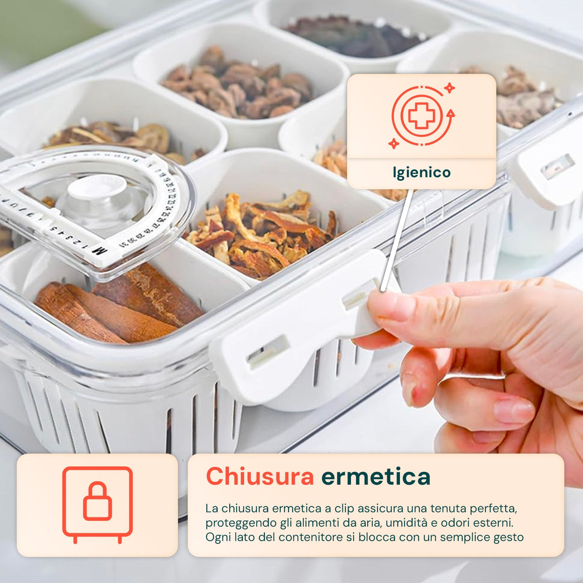 Contenitore con 8 Scomparti in PP – Chiusura a Clip e Funzione Sgocciolatoio